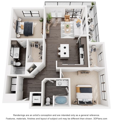 2 bedroom floor plan at Artisan Flats in Birmingham, AL